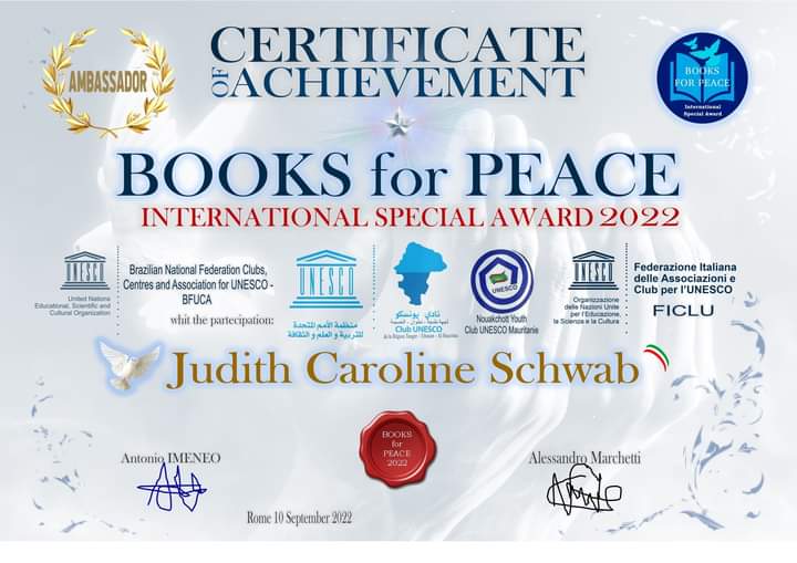 Books for Peace International Special Award 2022 — Certificate of Achievement · with UNESCO clubs and federations