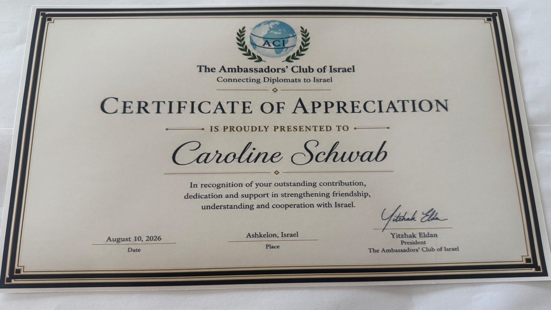 Certificate of Appreciation — The Ambassadors' Club of Israel