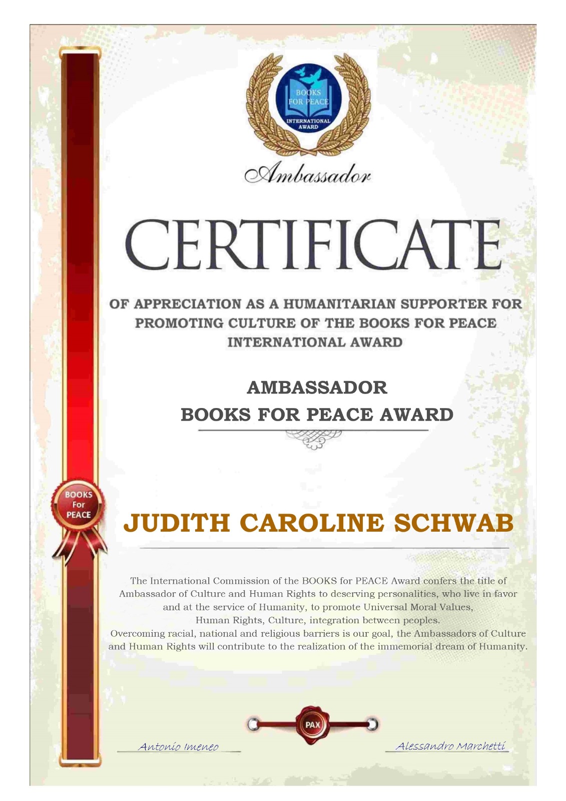 Ambassador of Culture and Human Rights — Books for Peace International Award