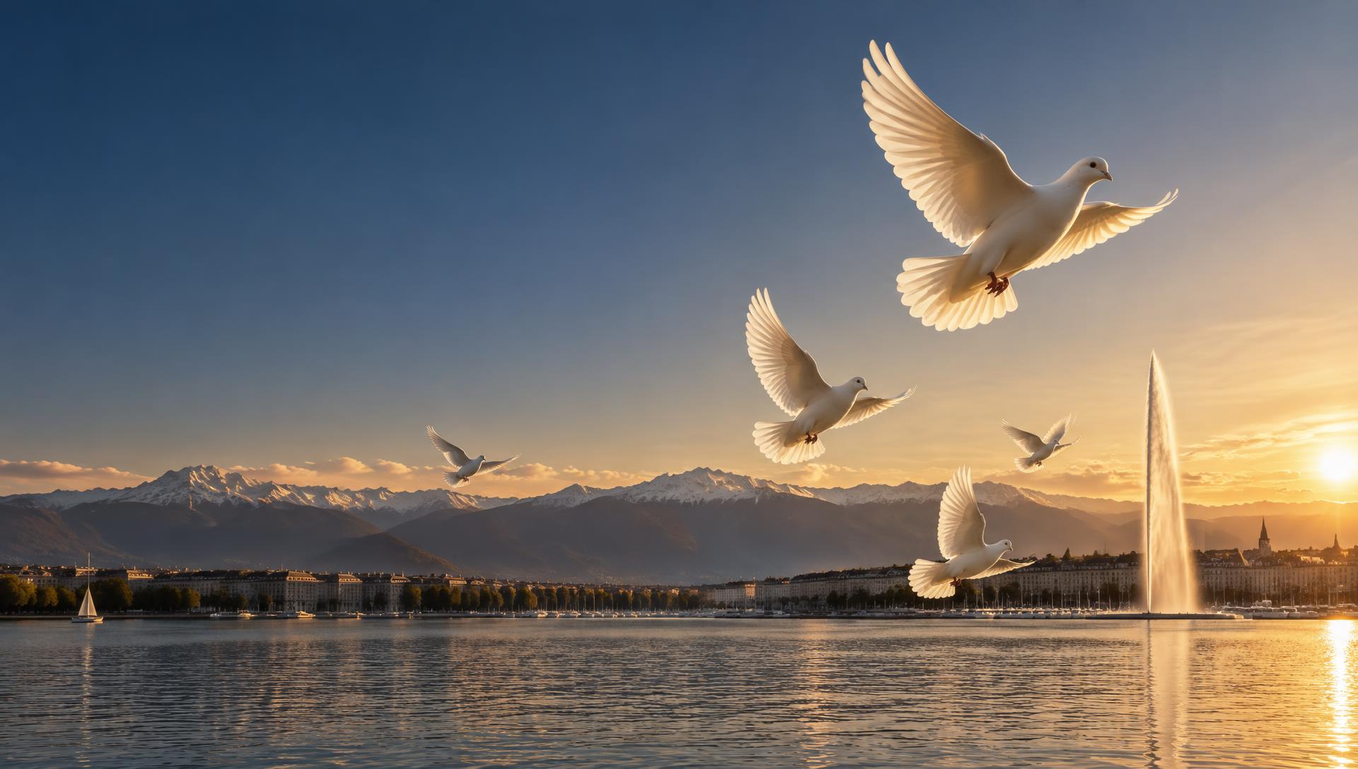 White doves flying over Lake Geneva at golden hour